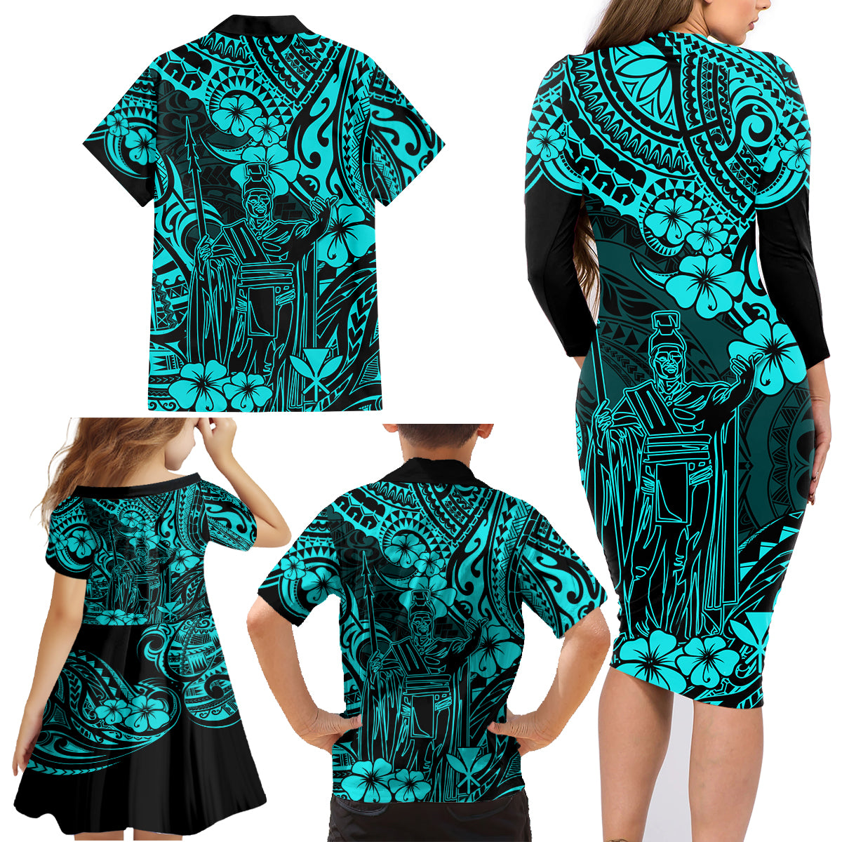 Hawaii King Kamehameha Family Matching Long Sleeve Bodycon Dress and Hawaiian Shirt Polynesian Pattern Turquoise Version - Wonder Print Shop