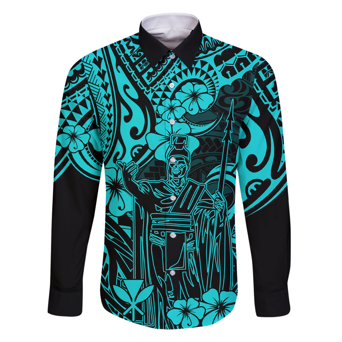 Hawaii King Kamehameha Family Matching Long Sleeve Bodycon Dress and Hawaiian Shirt Polynesian Pattern Turquoise Version - Wonder Print Shop
