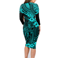 Hawaii King Kamehameha Family Matching Long Sleeve Bodycon Dress and Hawaiian Shirt Polynesian Pattern Turquoise Version - Wonder Print Shop