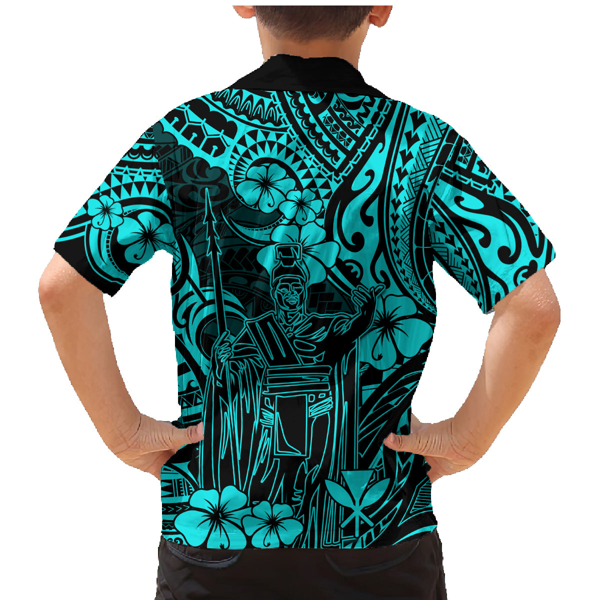 Hawaii King Kamehameha Family Matching Mermaid Dress and Hawaiian Shirt Polynesian Pattern Turquoise Version - Wonder Print Shop