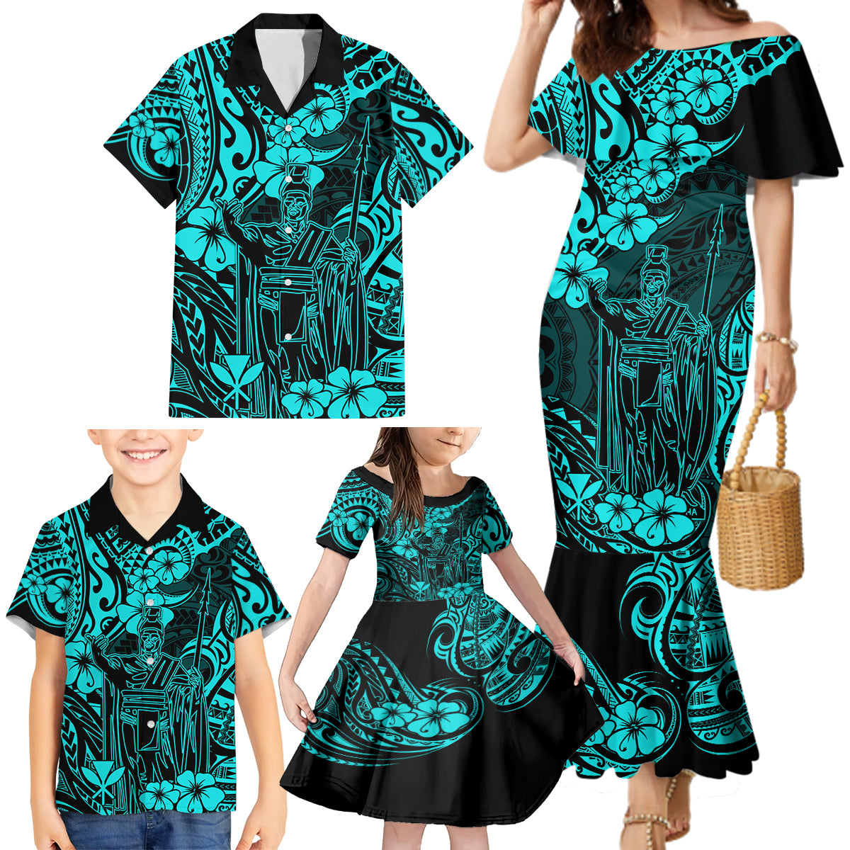 hawaii-king-kamehameha-family-matching-mermaid-dress-and-hawaiian-shirt-polynesian-pattern-turquoise-version
