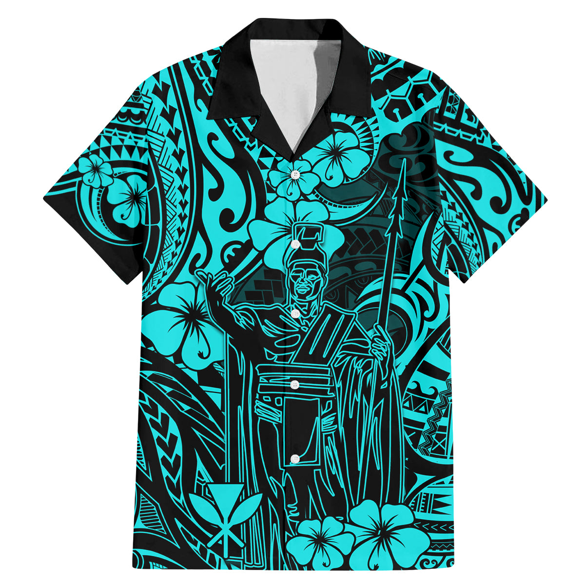 Hawaii King Kamehameha Family Matching Mermaid Dress and Hawaiian Shirt Polynesian Pattern Turquoise Version - Wonder Print Shop