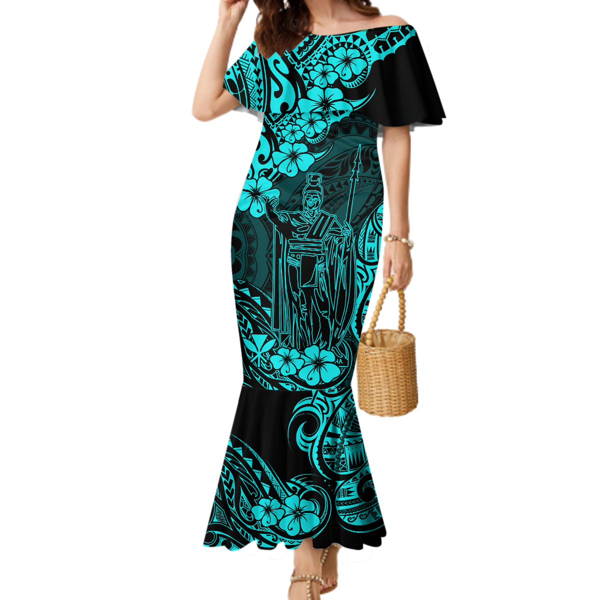 Hawaii King Kamehameha Family Matching Mermaid Dress and Hawaiian Shirt Polynesian Pattern Turquoise Version - Wonder Print Shop