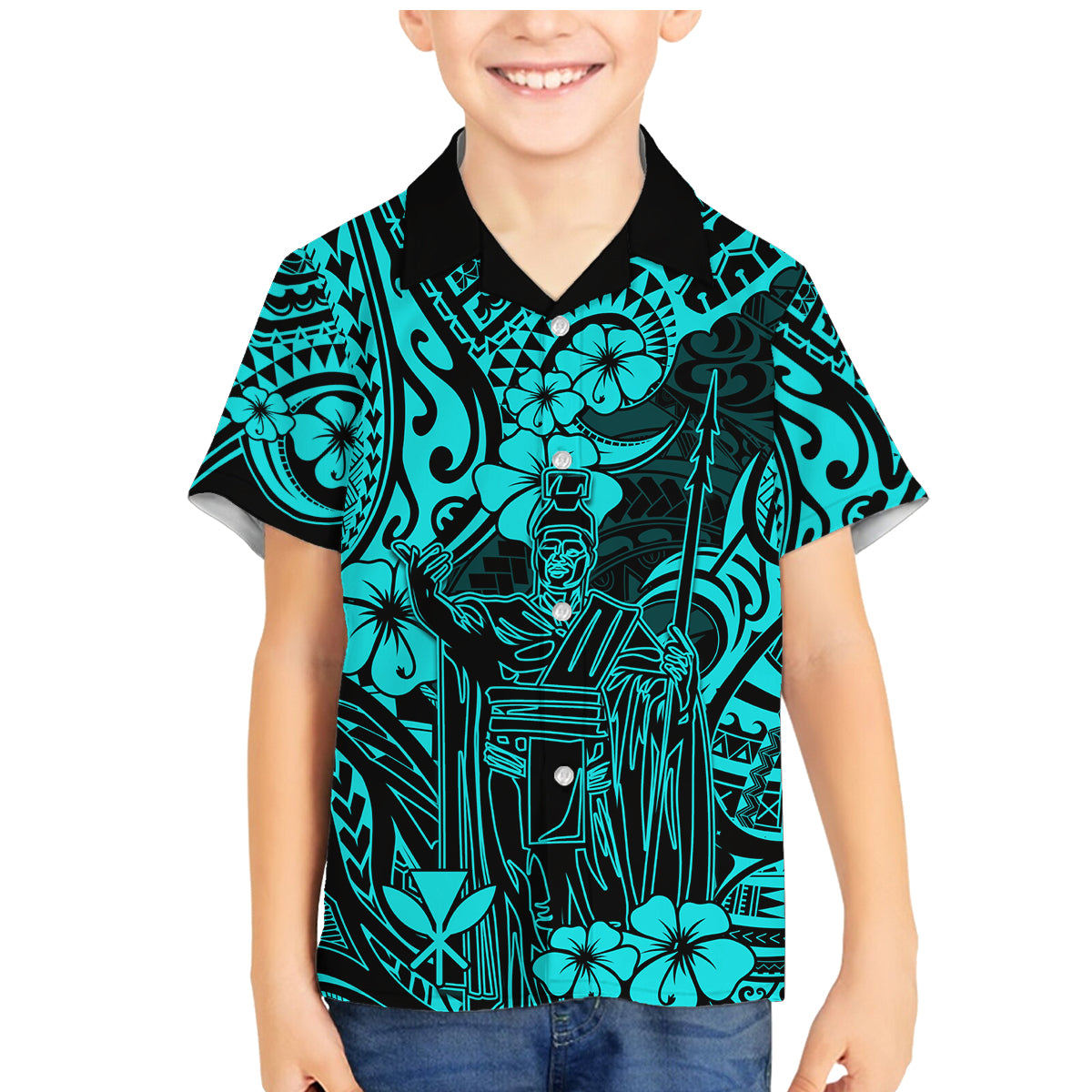 Hawaii King Kamehameha Family Matching Mermaid Dress and Hawaiian Shirt Polynesian Pattern Turquoise Version - Wonder Print Shop
