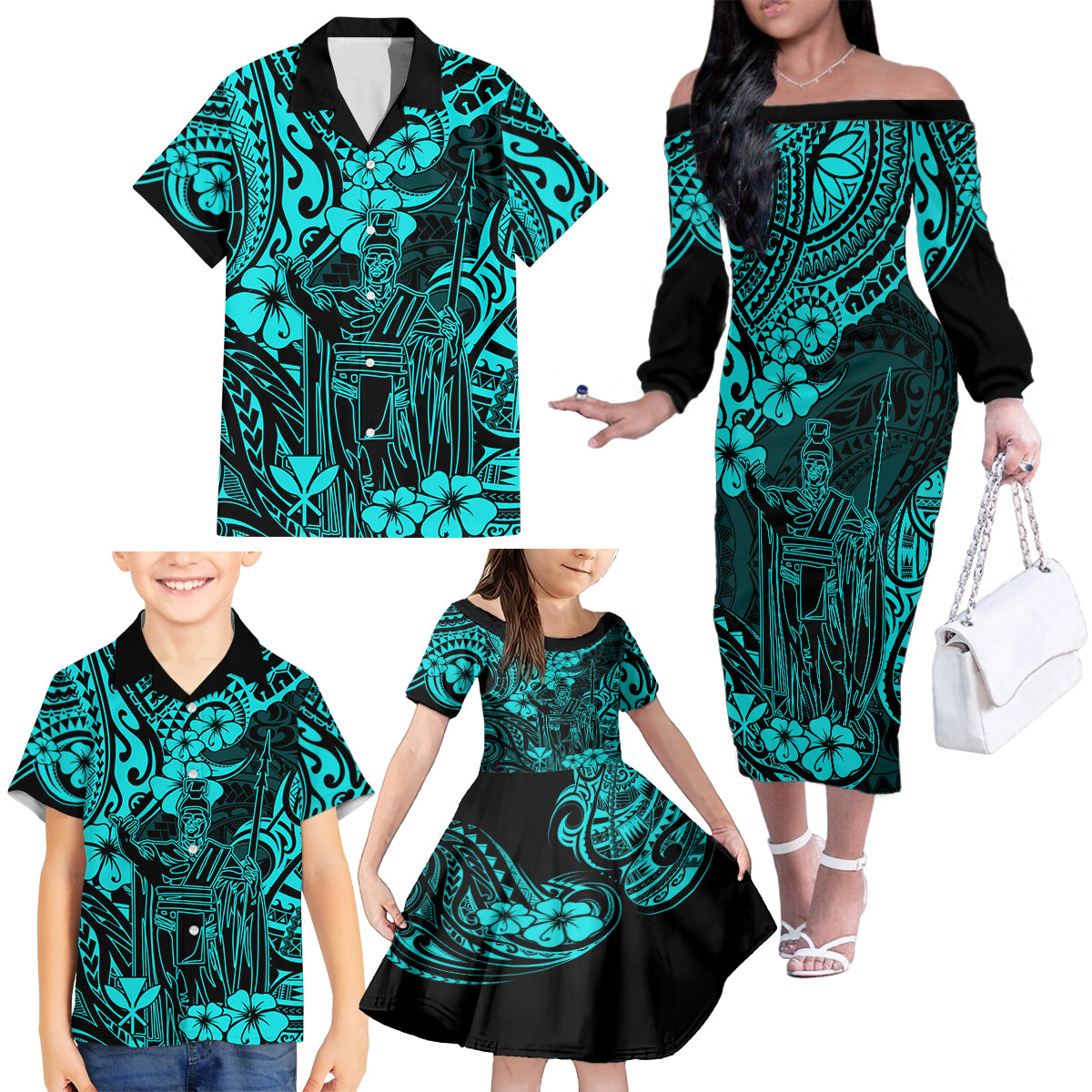 Hawaii King Kamehameha Family Matching Off Shoulder Long Sleeve Dress and Hawaiian Shirt Polynesian Pattern Turquoise Version - Wonder Print Shop