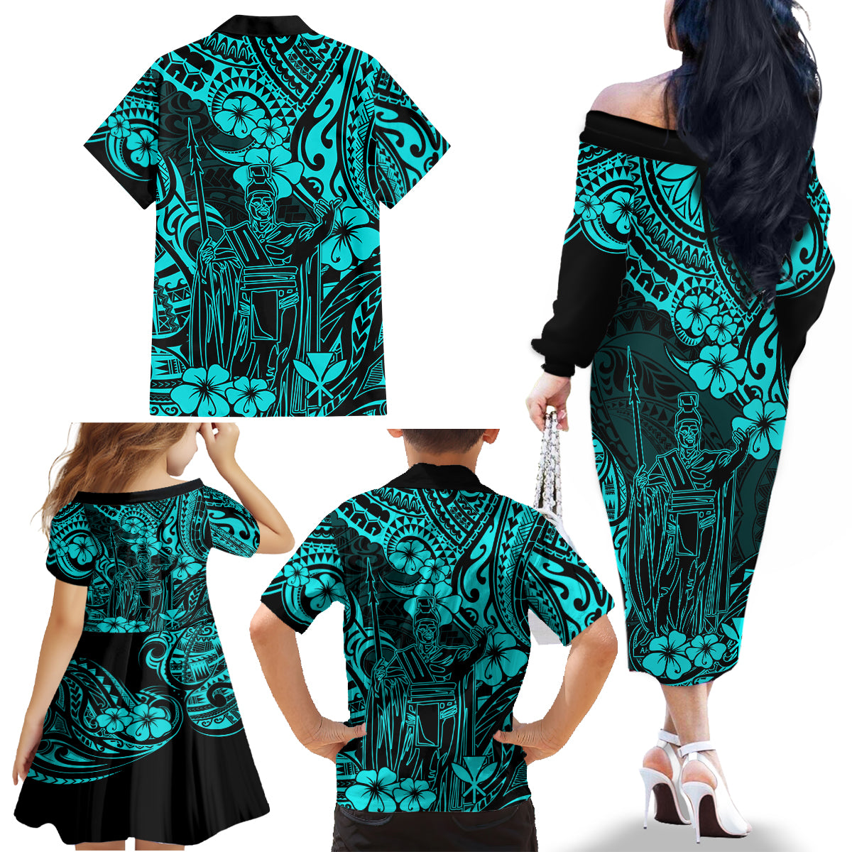 Hawaii King Kamehameha Family Matching Off Shoulder Long Sleeve Dress and Hawaiian Shirt Polynesian Pattern Turquoise Version - Wonder Print Shop