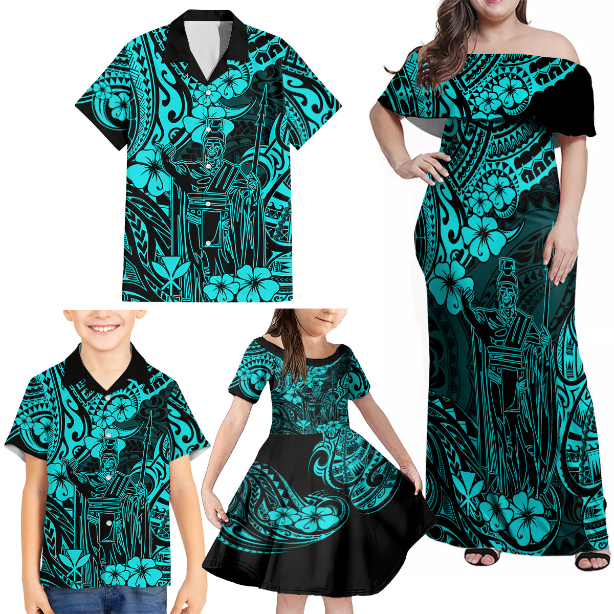 Hawaii King Kamehameha Family Matching Off Shoulder Maxi Dress and Hawaiian Shirt Polynesian Pattern Turquoise Version - Wonder Print Shop