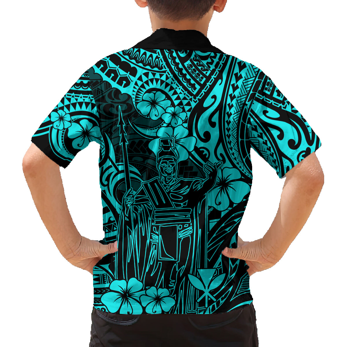 Hawaii King Kamehameha Family Matching Off Shoulder Short Dress and Hawaiian Shirt Polynesian Pattern Turquoise Version - Wonder Print Shop