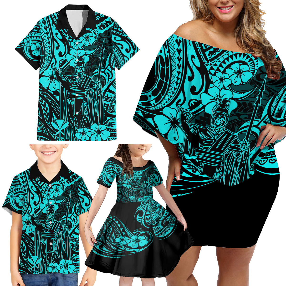Hawaii King Kamehameha Family Matching Off Shoulder Short Dress and Hawaiian Shirt Polynesian Pattern Turquoise Version - Wonder Print Shop