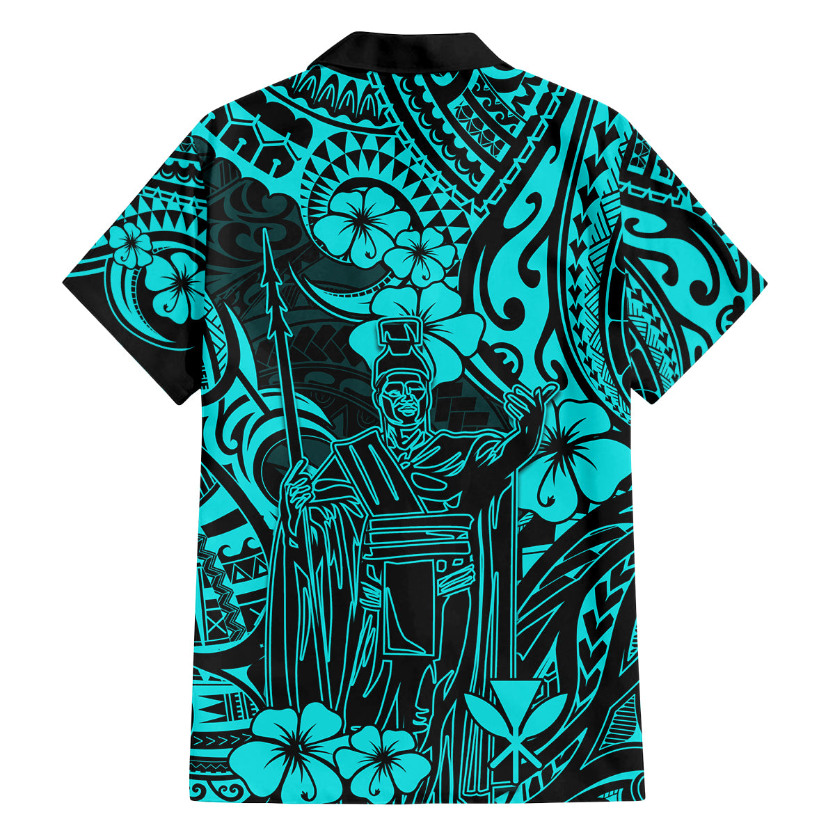 Hawaii King Kamehameha Family Matching Off Shoulder Short Dress and Hawaiian Shirt Polynesian Pattern Turquoise Version - Wonder Print Shop