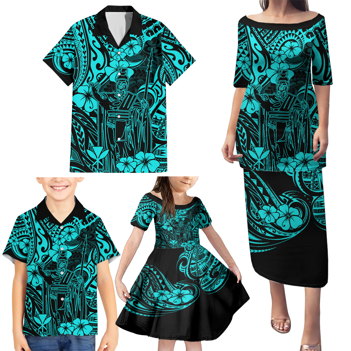 Hawaii King Kamehameha Family Matching Puletasi Dress and Hawaiian Shirt Polynesian Pattern Turquoise Version - Wonder Print Shop