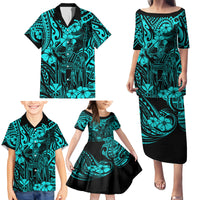 Hawaii King Kamehameha Family Matching Puletasi Dress and Hawaiian Shirt Polynesian Pattern Turquoise Version - Wonder Print Shop