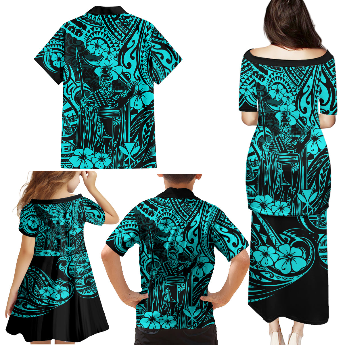 Hawaii King Kamehameha Family Matching Puletasi Dress and Hawaiian Shirt Polynesian Pattern Turquoise Version - Wonder Print Shop