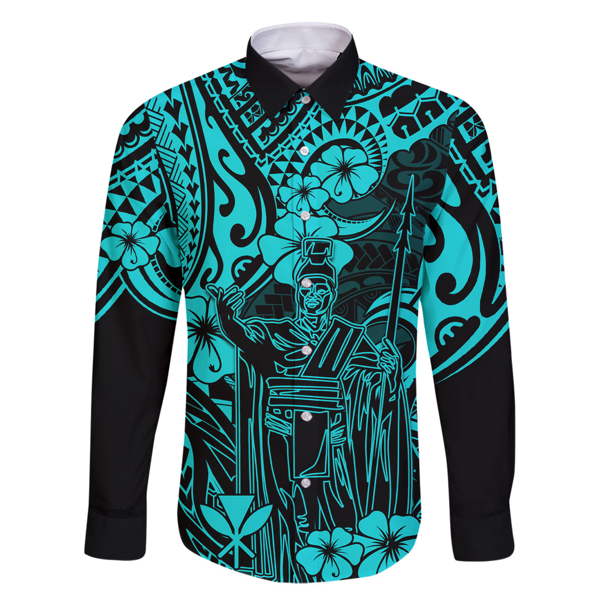 Hawaii King Kamehameha Family Matching Puletasi Dress and Hawaiian Shirt Polynesian Pattern Turquoise Version - Wonder Print Shop