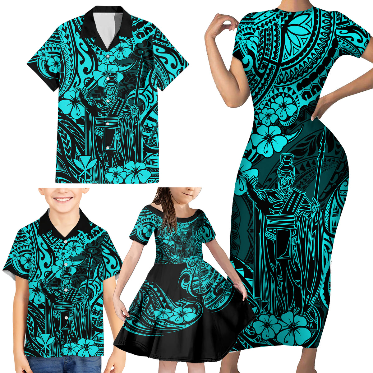 Hawaii King Kamehameha Family Matching Short Sleeve Bodycon Dress and Hawaiian Shirt Polynesian Pattern Turquoise Version - Wonder Print Shop