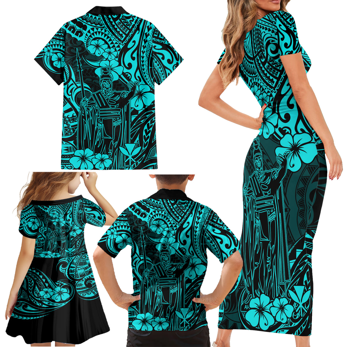 Hawaii King Kamehameha Family Matching Short Sleeve Bodycon Dress and Hawaiian Shirt Polynesian Pattern Turquoise Version - Wonder Print Shop