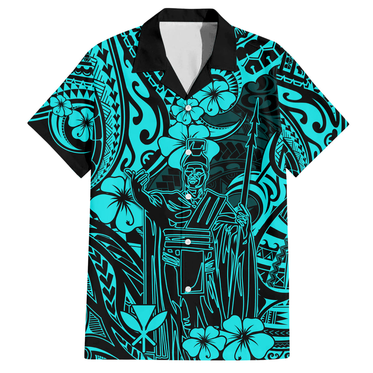 Hawaii King Kamehameha Family Matching Short Sleeve Bodycon Dress and Hawaiian Shirt Polynesian Pattern Turquoise Version - Wonder Print Shop