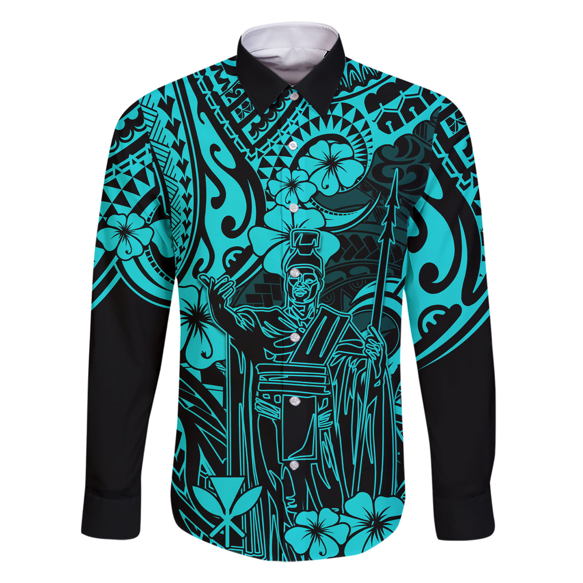 Hawaii King Kamehameha Family Matching Short Sleeve Bodycon Dress and Hawaiian Shirt Polynesian Pattern Turquoise Version - Wonder Print Shop