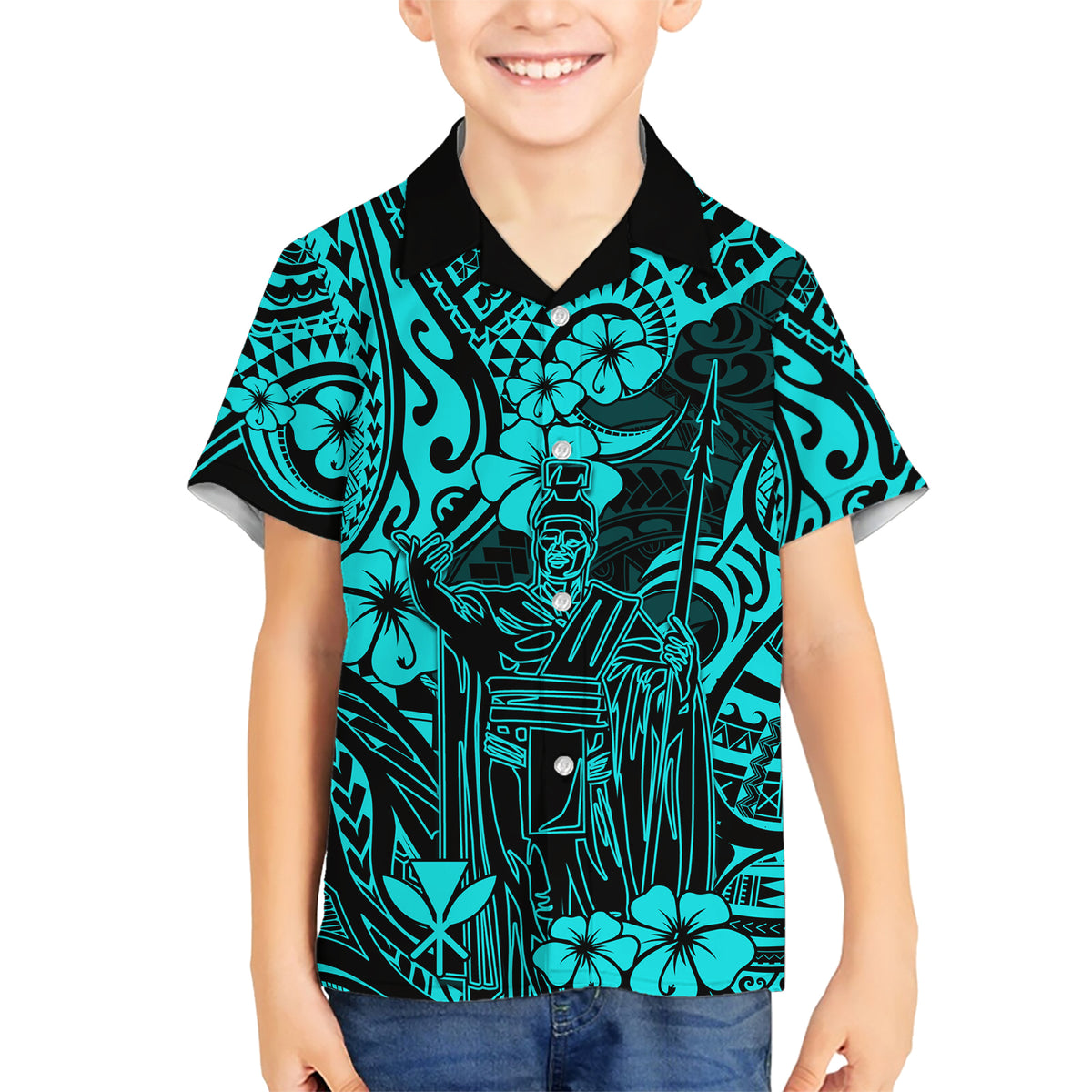 Hawaii King Kamehameha Family Matching Short Sleeve Bodycon Dress and Hawaiian Shirt Polynesian Pattern Turquoise Version - Wonder Print Shop
