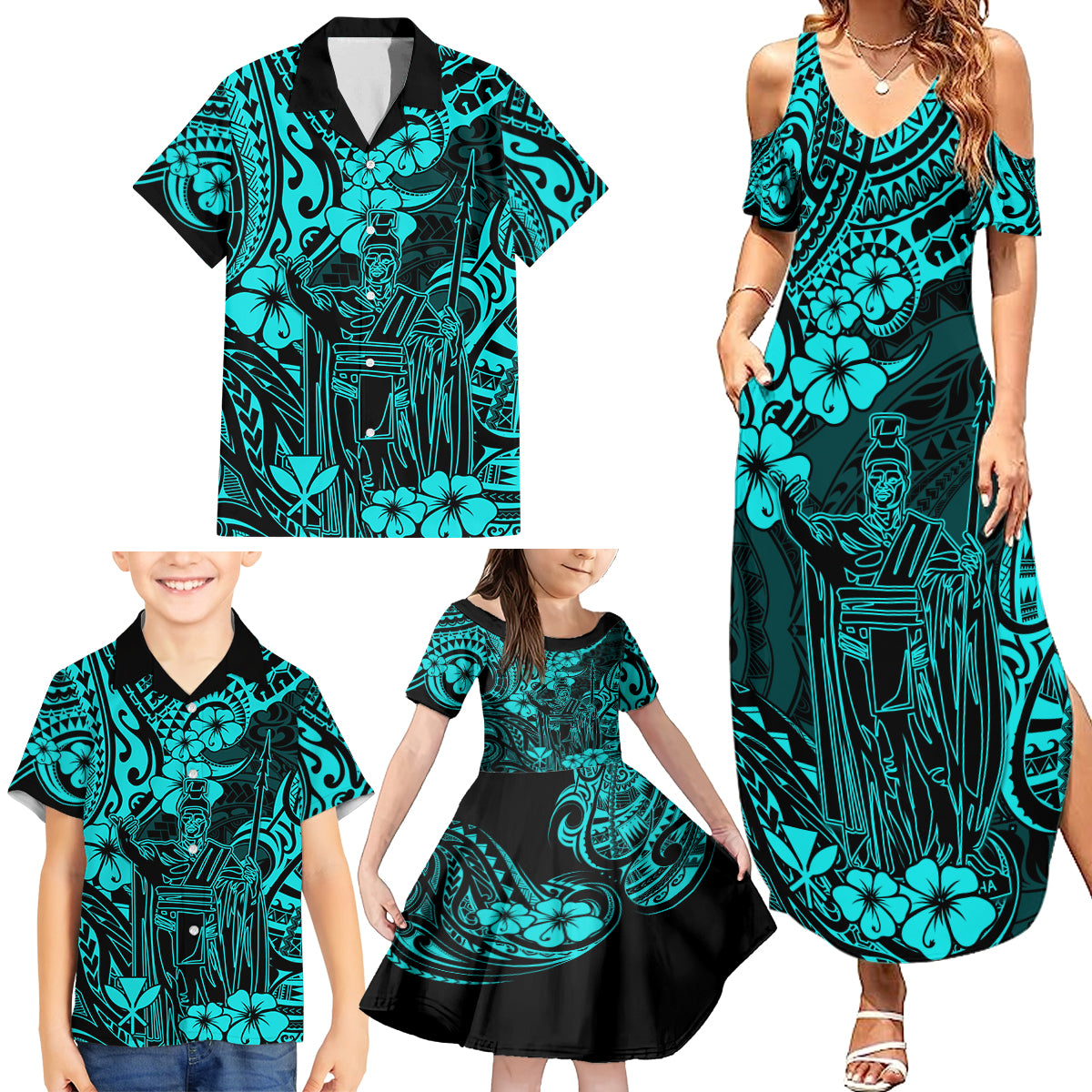 Hawaii King Kamehameha Family Matching Summer Maxi Dress and Hawaiian Shirt Polynesian Pattern Turquoise Version - Wonder Print Shop