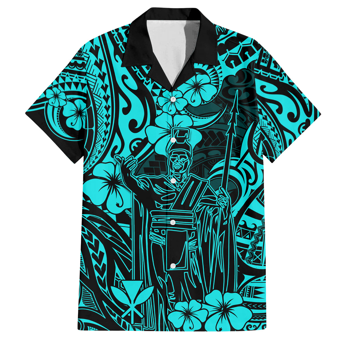 Hawaii King Kamehameha Family Matching Summer Maxi Dress and Hawaiian Shirt Polynesian Pattern Turquoise Version - Wonder Print Shop