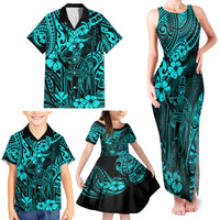 Hawaii King Kamehameha Family Matching Tank Maxi Dress and Hawaiian Shirt Polynesian Pattern Turquoise Version - Wonder Print Shop