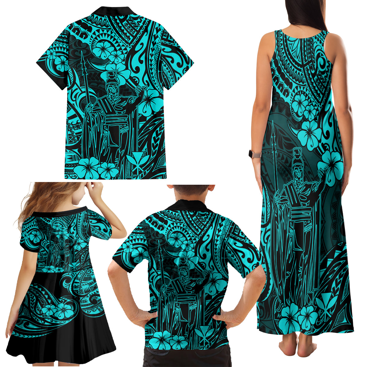 Hawaii King Kamehameha Family Matching Tank Maxi Dress and Hawaiian Shirt Polynesian Pattern Turquoise Version - Wonder Print Shop