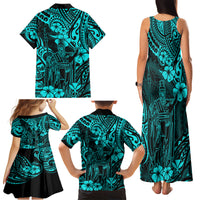 Hawaii King Kamehameha Family Matching Tank Maxi Dress and Hawaiian Shirt Polynesian Pattern Turquoise Version - Wonder Print Shop