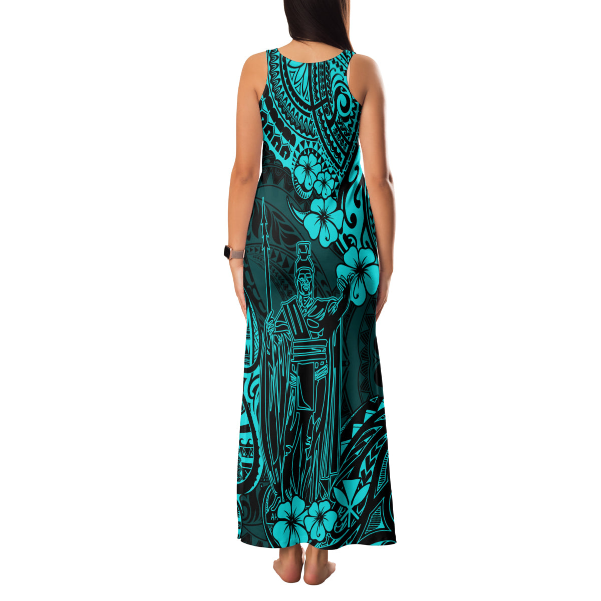 Hawaii King Kamehameha Family Matching Tank Maxi Dress and Hawaiian Shirt Polynesian Pattern Turquoise Version - Wonder Print Shop