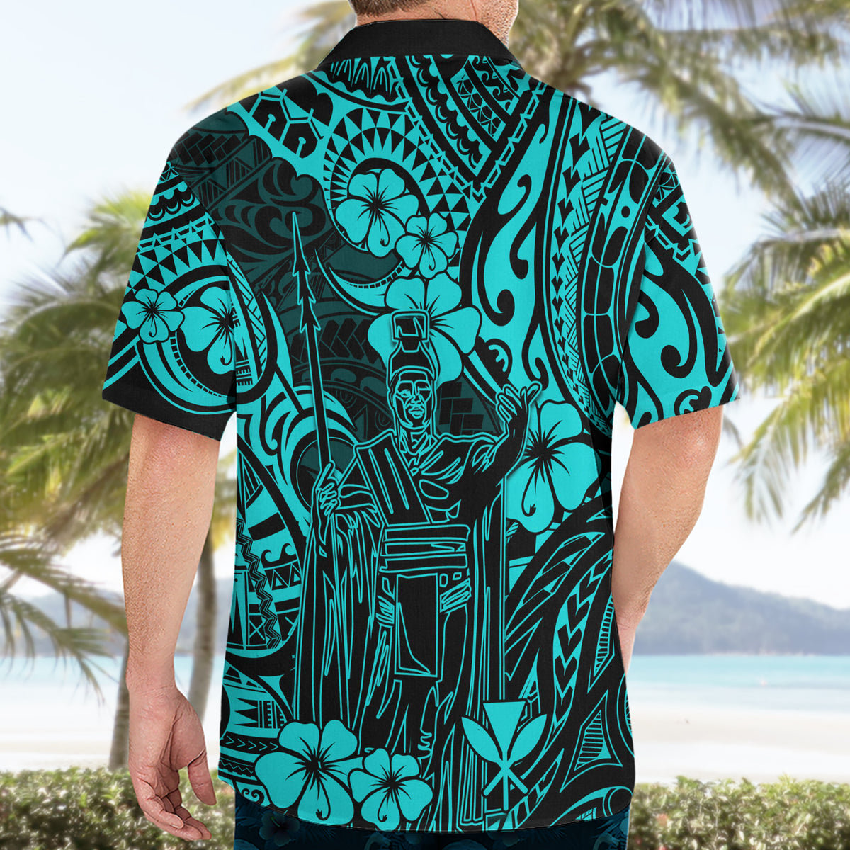 Hawaii King Kamehameha Hawaiian Shirt Polynesian Pattern Turquoise Version - Wonder Print Shop