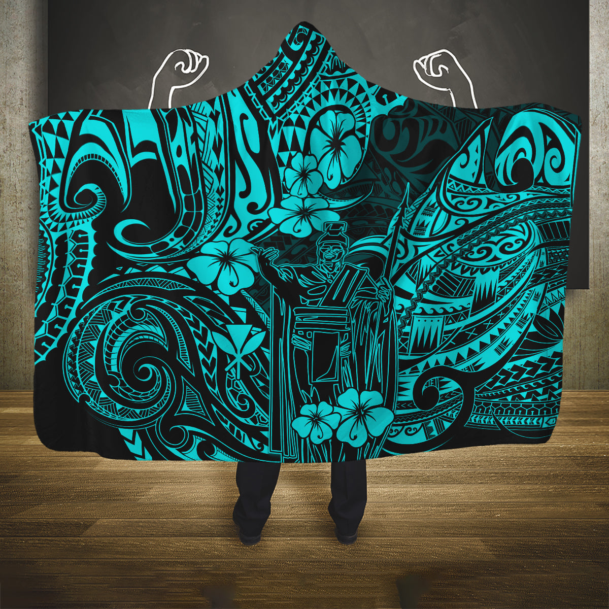 hawaii-king-kamehameha-hooded-blanket-polynesian-pattern-turquoise-version