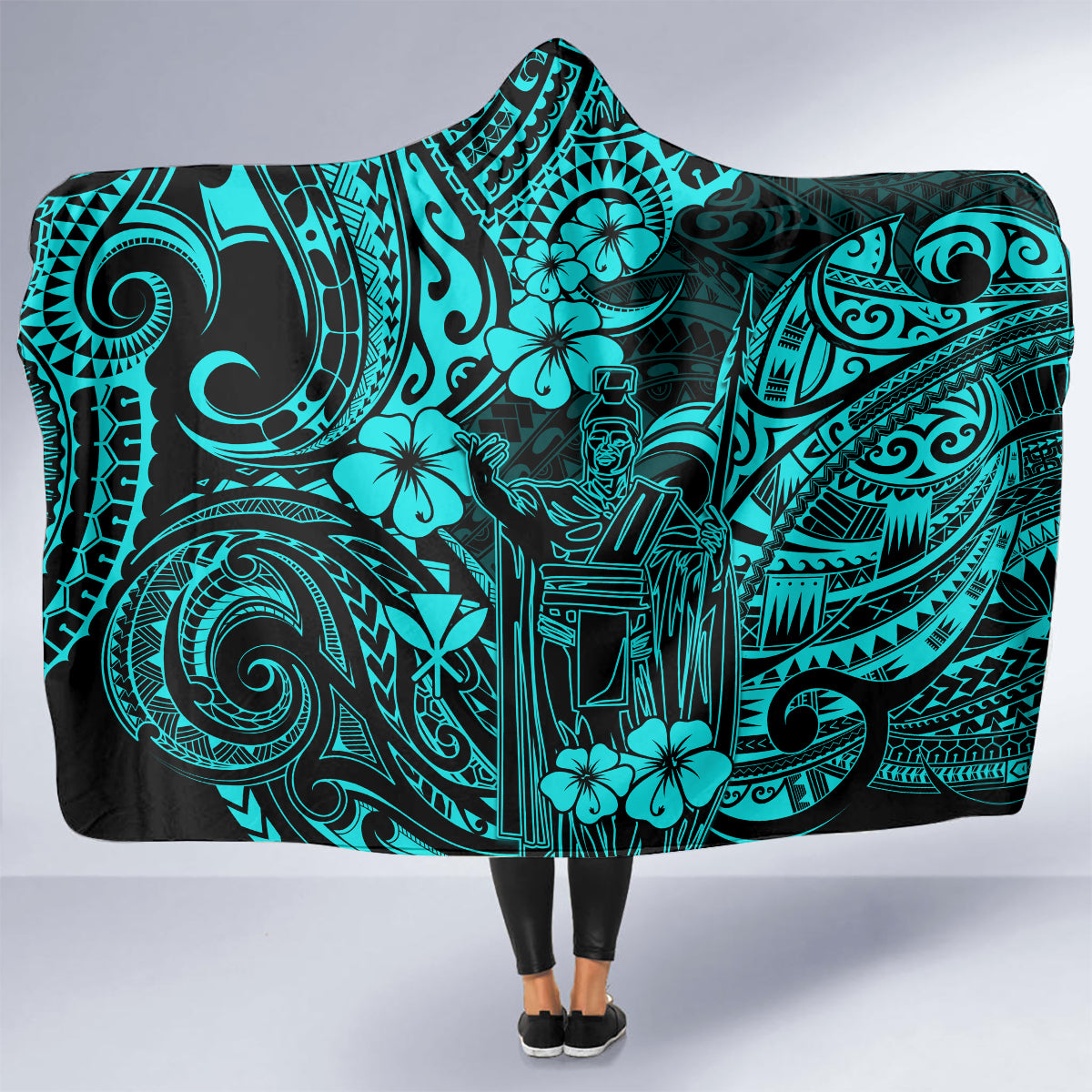hawaii-king-kamehameha-hooded-blanket-polynesian-pattern-turquoise-version