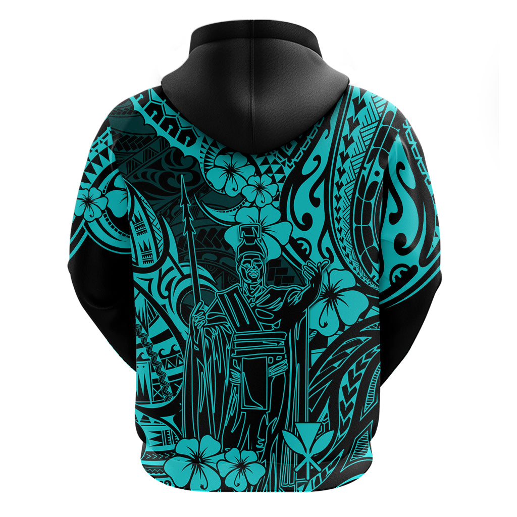 Hawaii King Kamehameha Hoodie Polynesian Pattern Turquoise Version - Wonder Print Shop