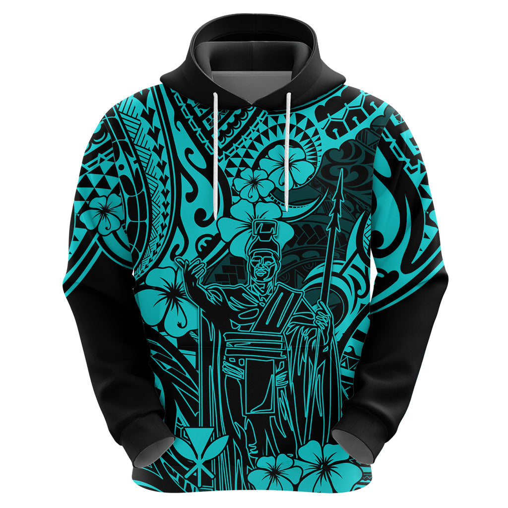 Hawaii King Kamehameha Hoodie Polynesian Pattern Turquoise Version - Wonder Print Shop