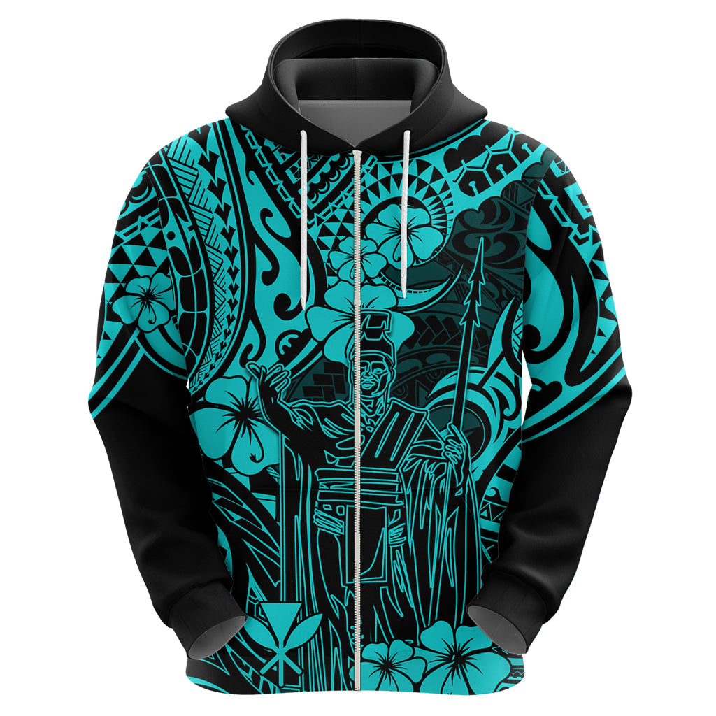 Hawaii King Kamehameha Hoodie Polynesian Pattern Turquoise Version - Wonder Print Shop