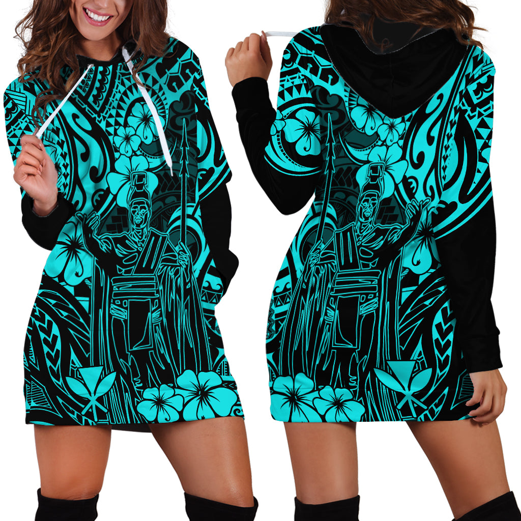 Hawaii King Kamehameha Hoodie Dress Polynesian Pattern Turquoise Version - Wonder Print Shop