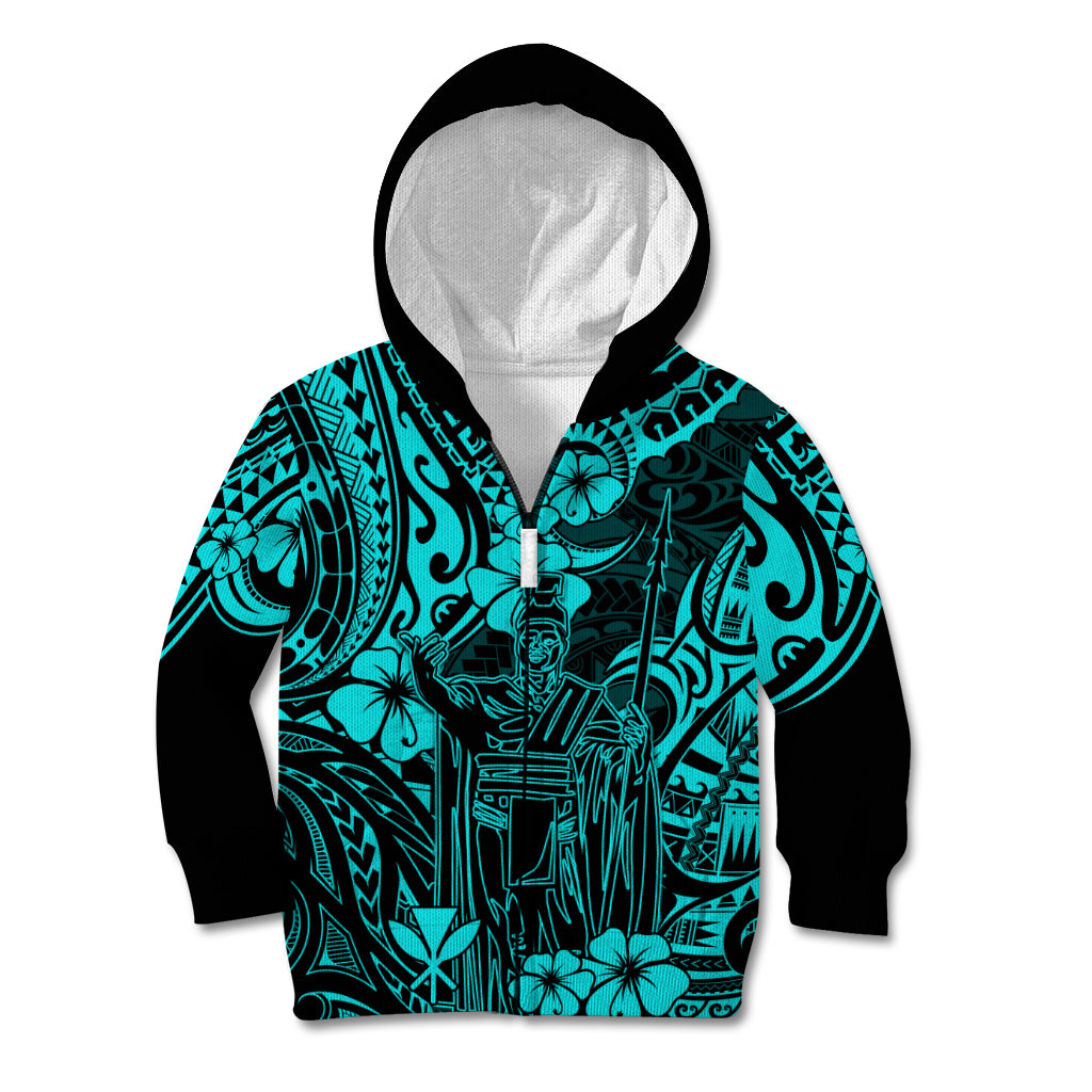 Hawaii King Kamehameha Kid Hoodie Polynesian Pattern Turquoise Version - Wonder Print Shop