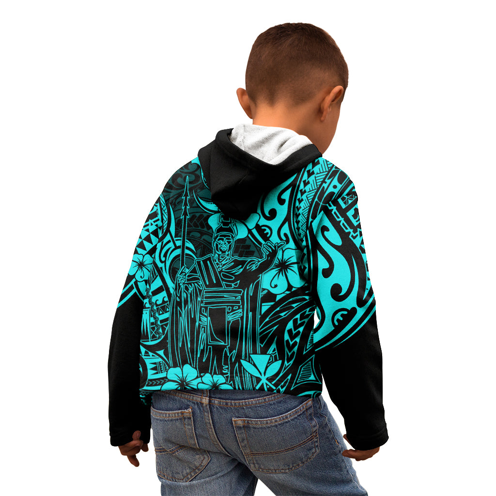 Hawaii King Kamehameha Kid Hoodie Polynesian Pattern Turquoise Version - Wonder Print Shop