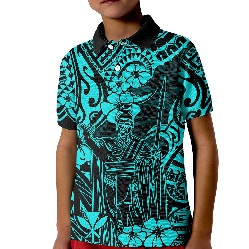 Hawaii King Kamehameha Kid Polo Shirt Polynesian Pattern Turquoise Version - Wonder Print Shop