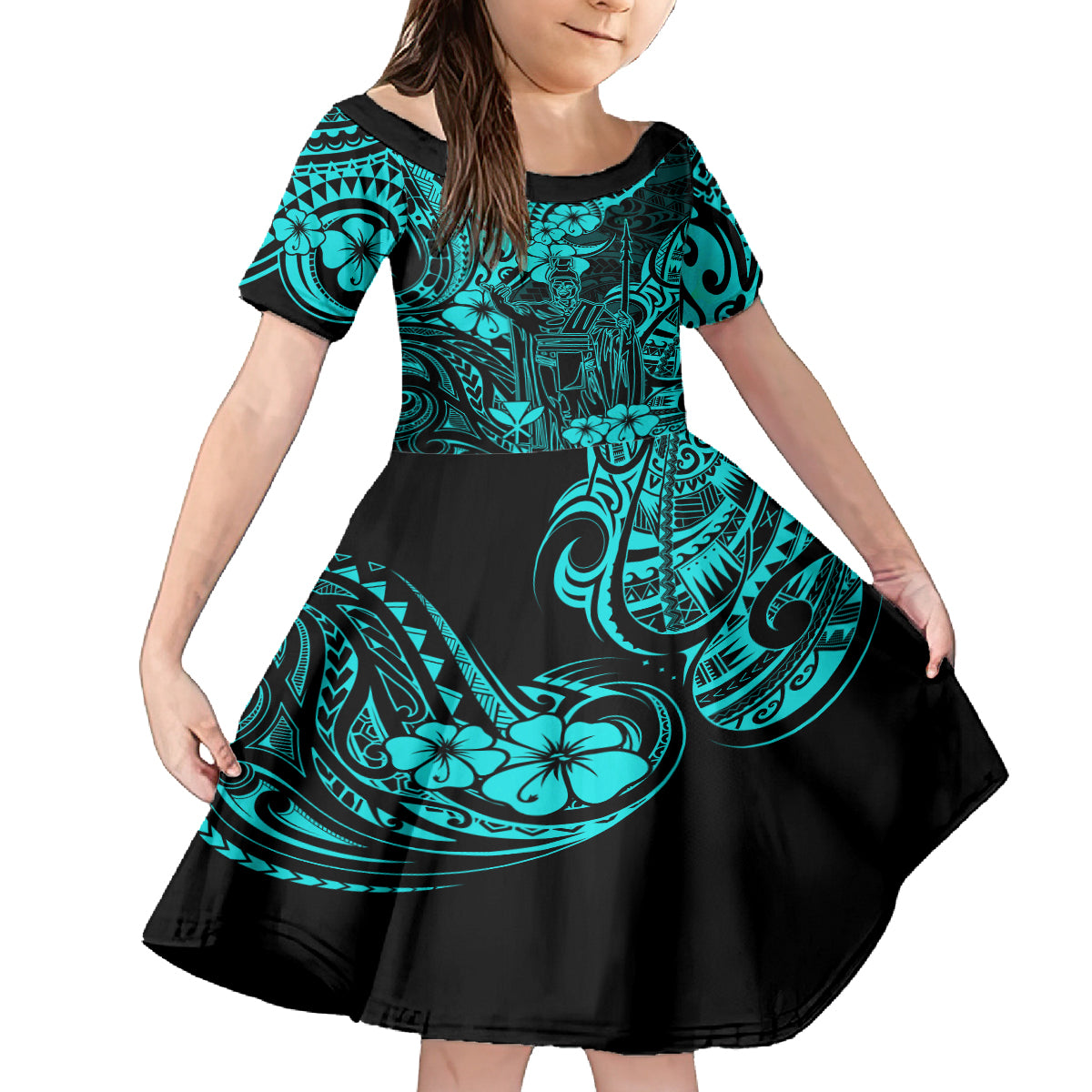 Hawaii King Kamehameha Kid Short Sleeve Dress Polynesian Pattern Turquoise Version - Wonder Print Shop