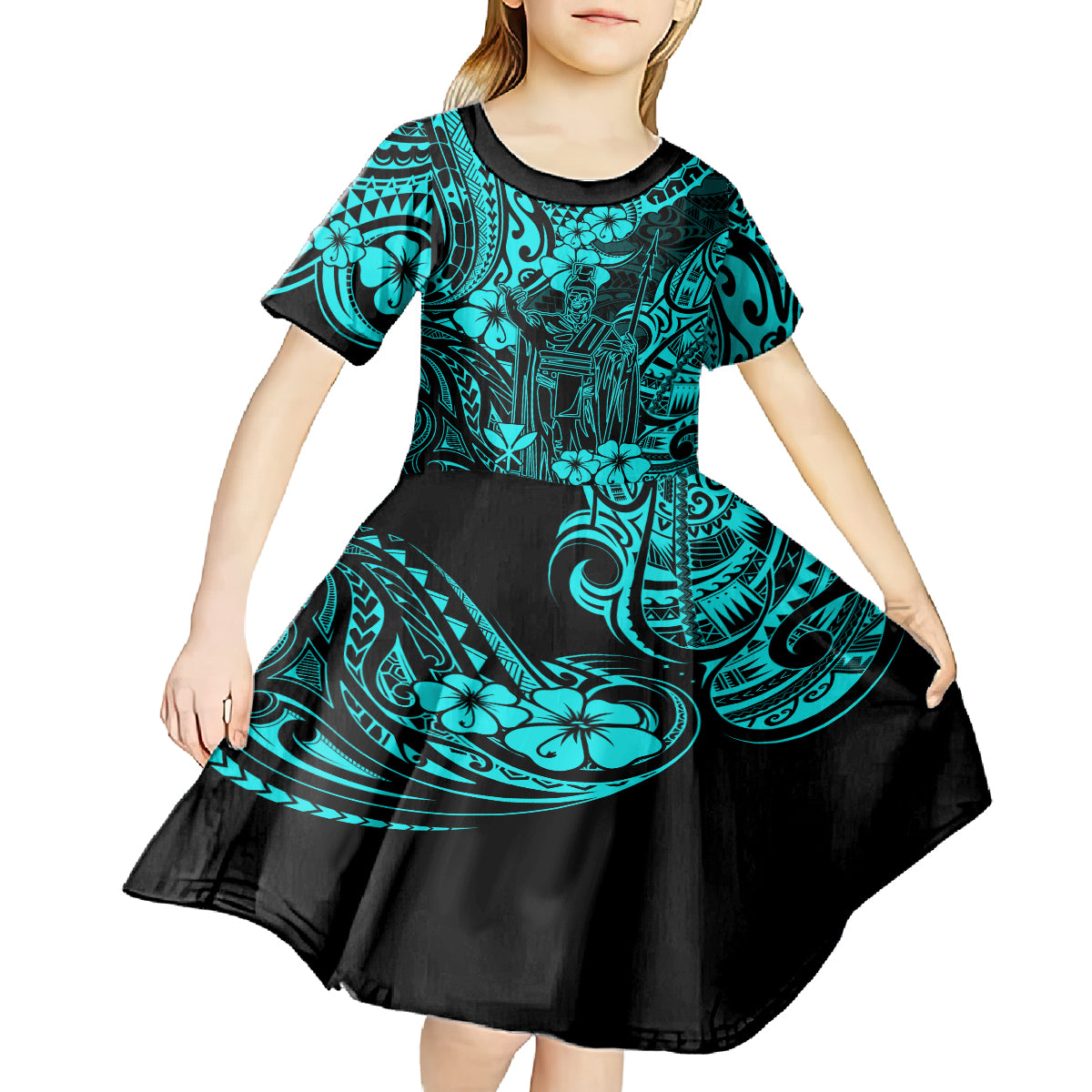 Hawaii King Kamehameha Kid Short Sleeve Dress Polynesian Pattern Turquoise Version - Wonder Print Shop
