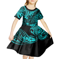 Hawaii King Kamehameha Kid Short Sleeve Dress Polynesian Pattern Turquoise Version - Wonder Print Shop