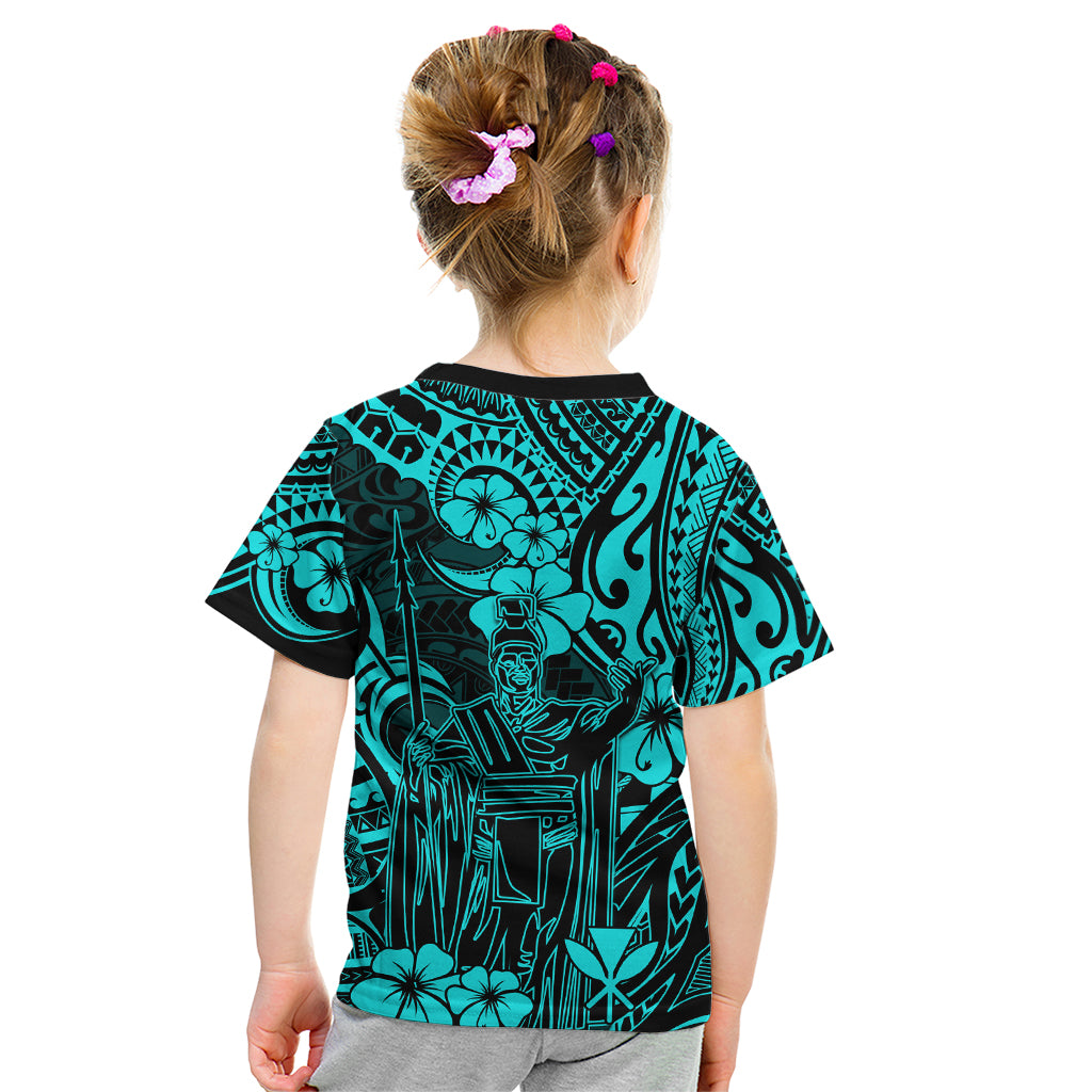 Hawaii King Kamehameha Kid T Shirt Polynesian Pattern Turquoise Version - Wonder Print Shop