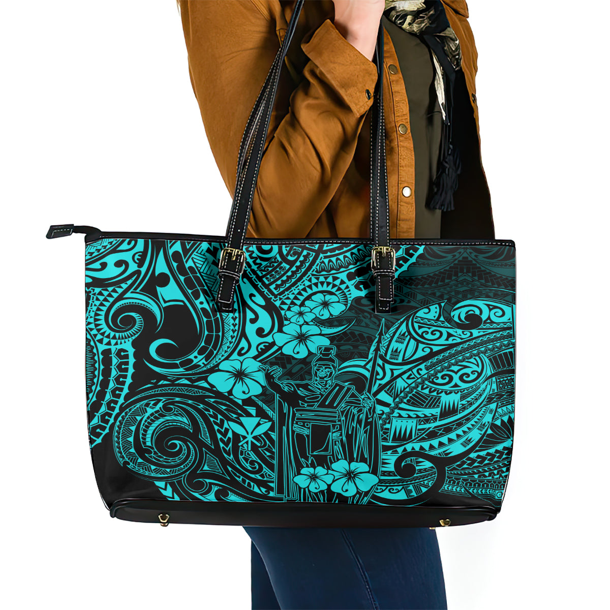 Hawaii King Kamehameha Leather Tote Bag Polynesian Pattern Turquoise Version - Wonder Print Shop