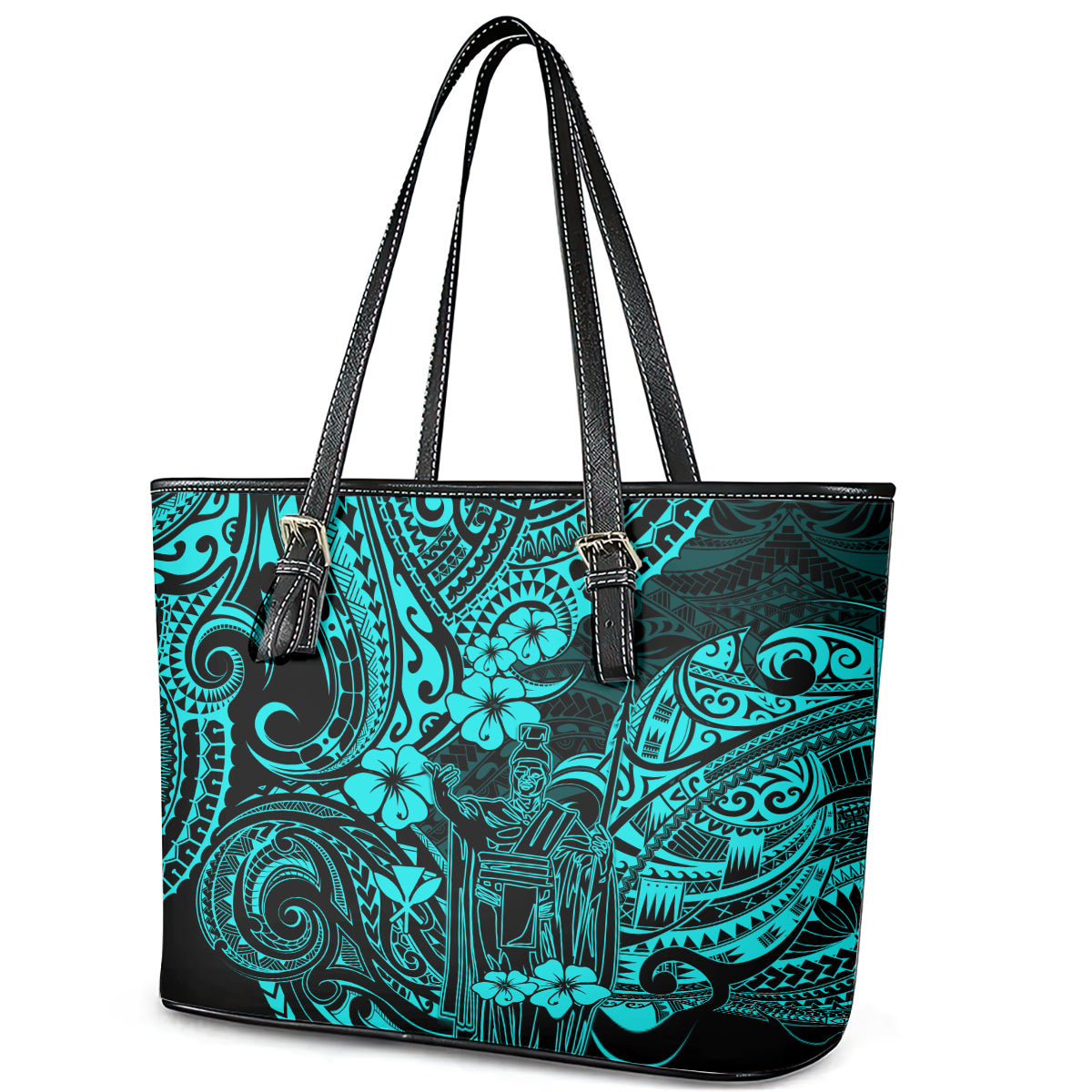 Hawaii King Kamehameha Leather Tote Bag Polynesian Pattern Turquoise Version - Wonder Print Shop