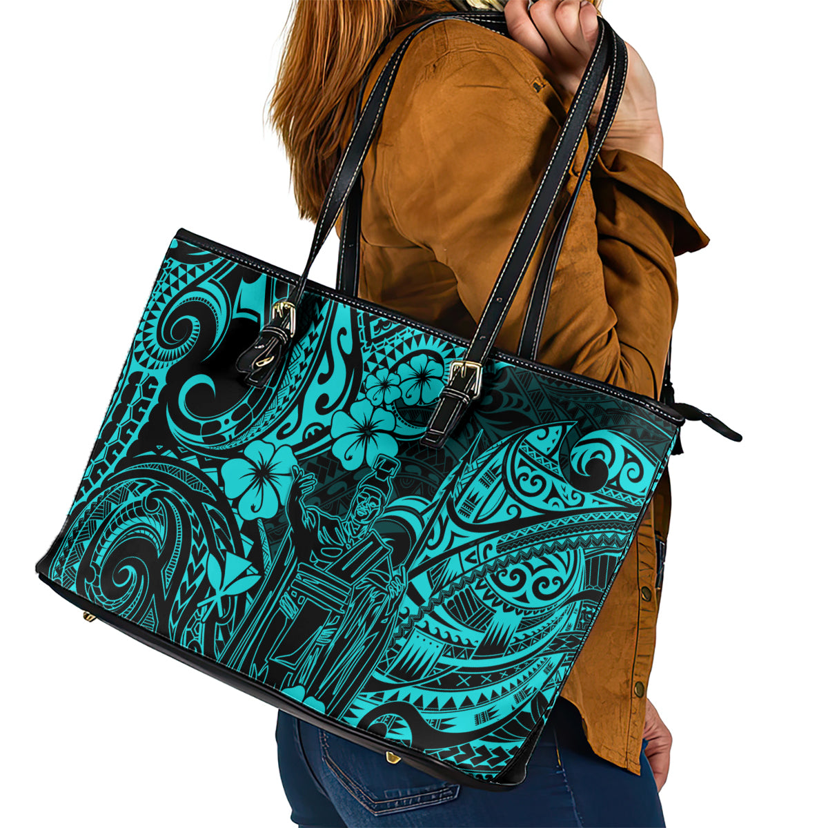 Hawaii King Kamehameha Leather Tote Bag Polynesian Pattern Turquoise Version - Wonder Print Shop