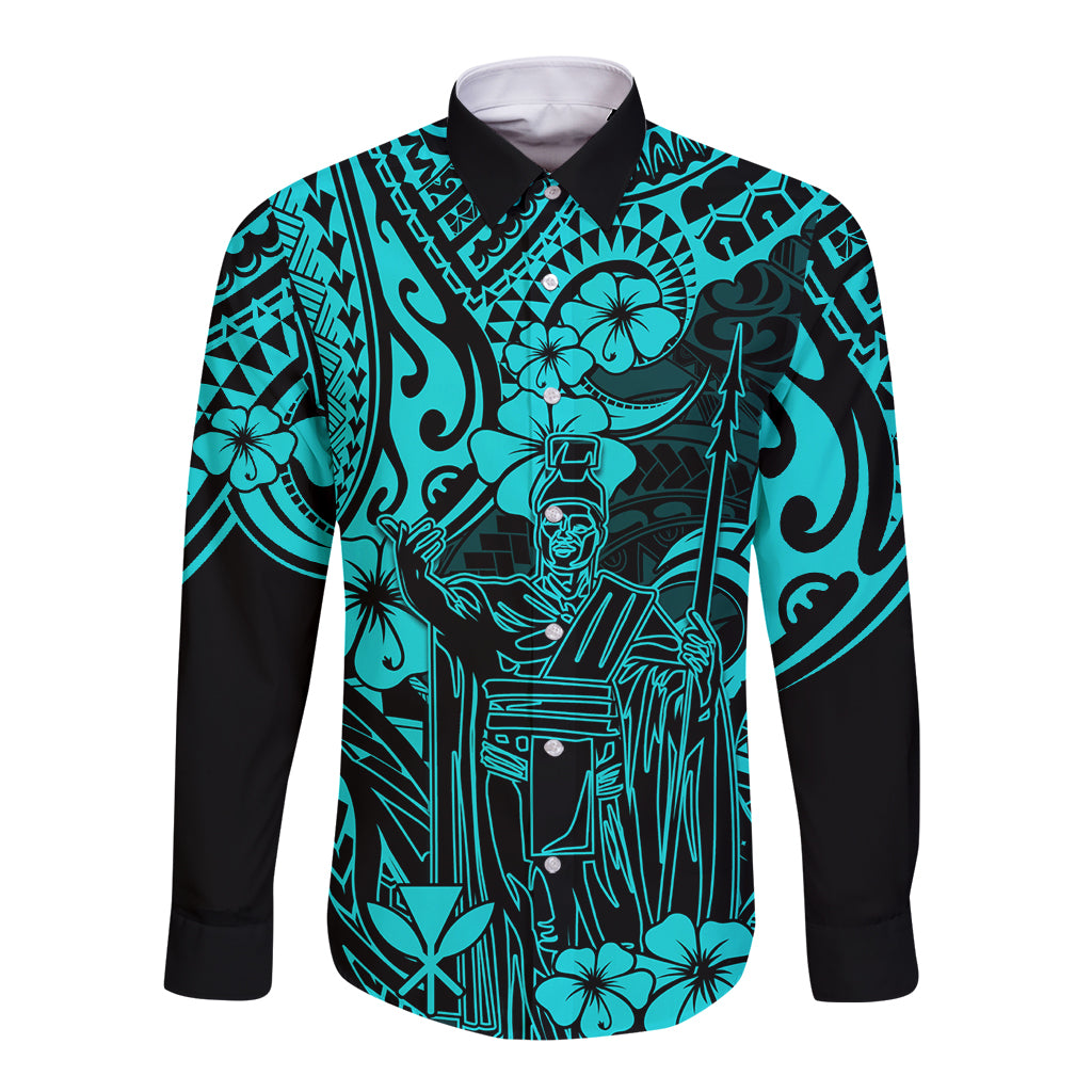 Hawaii King Kamehameha Long Sleeve Button Shirt Polynesian Pattern Turquoise Version - Wonder Print Shop