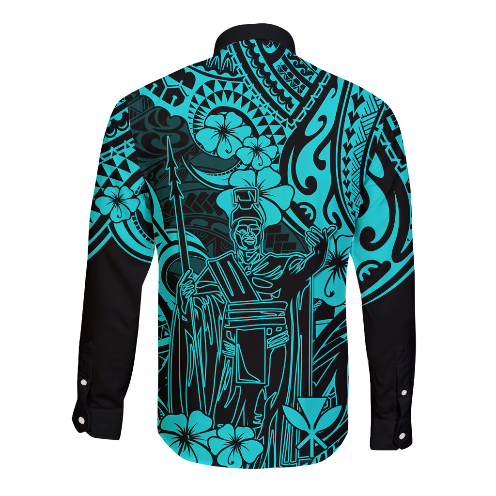 Hawaii King Kamehameha Long Sleeve Button Shirt Polynesian Pattern Turquoise Version - Wonder Print Shop
