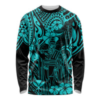 Hawaii King Kamehameha Long Sleeve Shirt Polynesian Pattern Turquoise Version - Wonder Print Shop
