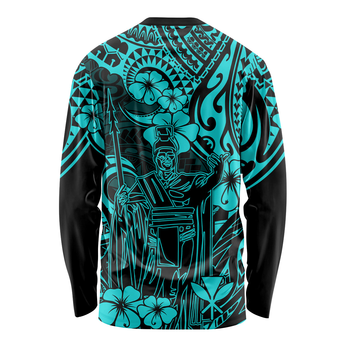 Hawaii King Kamehameha Long Sleeve Shirt Polynesian Pattern Turquoise Version - Wonder Print Shop